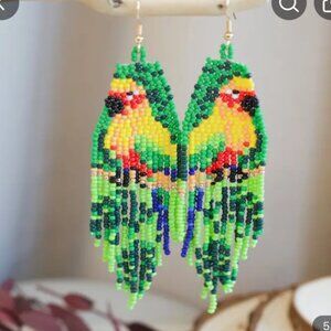 Long Beaded Earrings, Yellow Parrot Surrounded By Lush Tropical Green Jungle